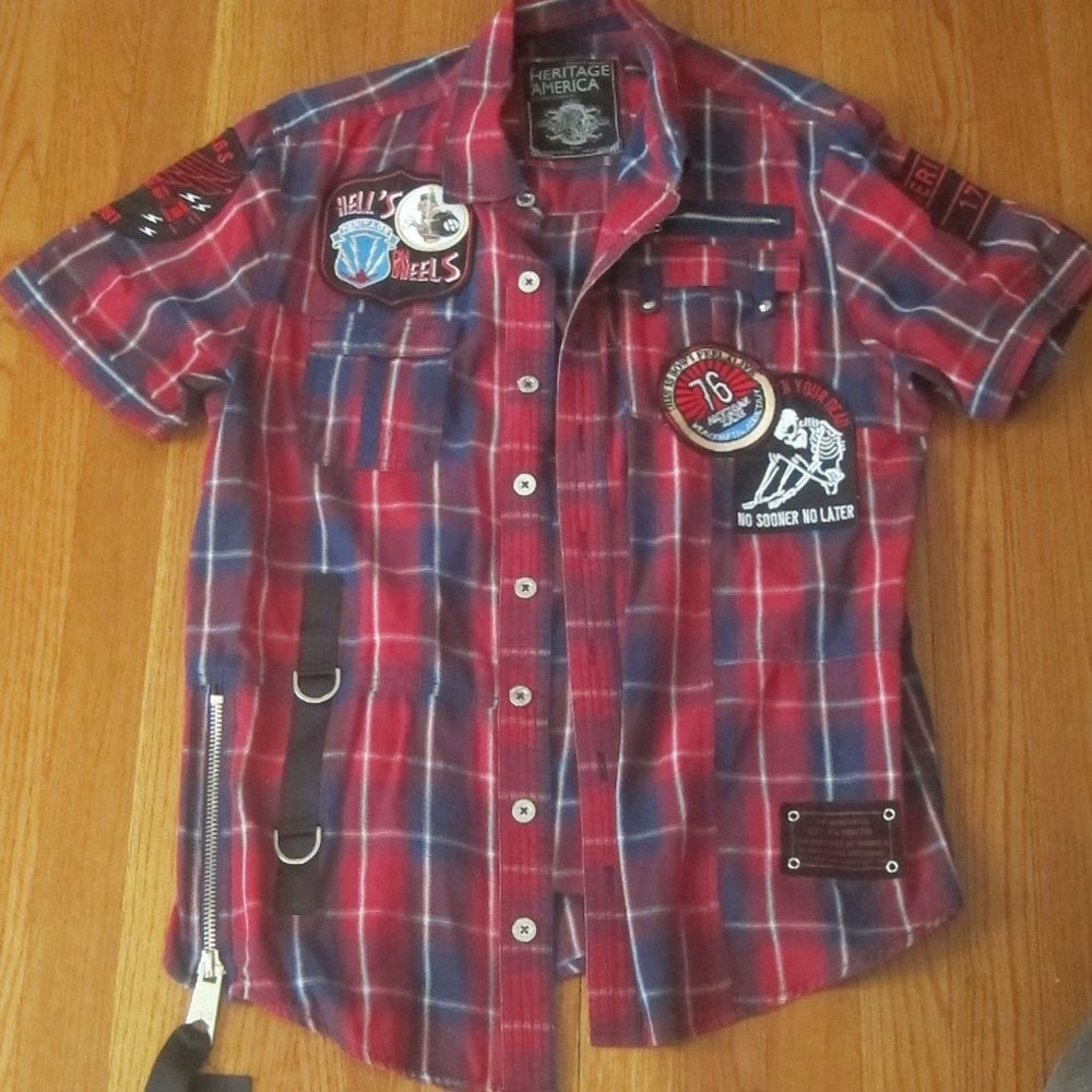 HERITAGE BY AMERICA DENIM DISTILLERY 1776 PLAID BUTTON UP PATCHES Large